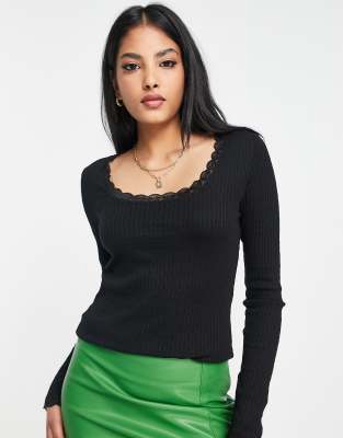 Topshop long sleeve lace pointelle top in black | ASOS