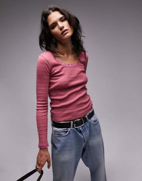 Topshop long sleeve lace pointelle top in pink