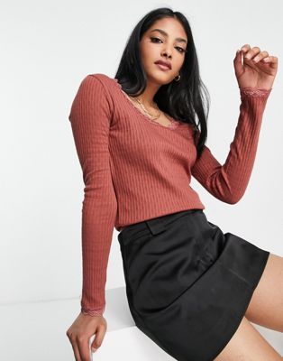 Topshop long sleeve lace pointelle top in rust