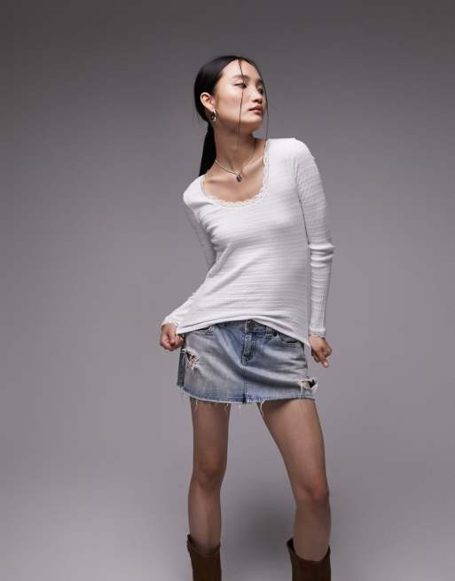 Topshop long sleeve lace pointelle top in white