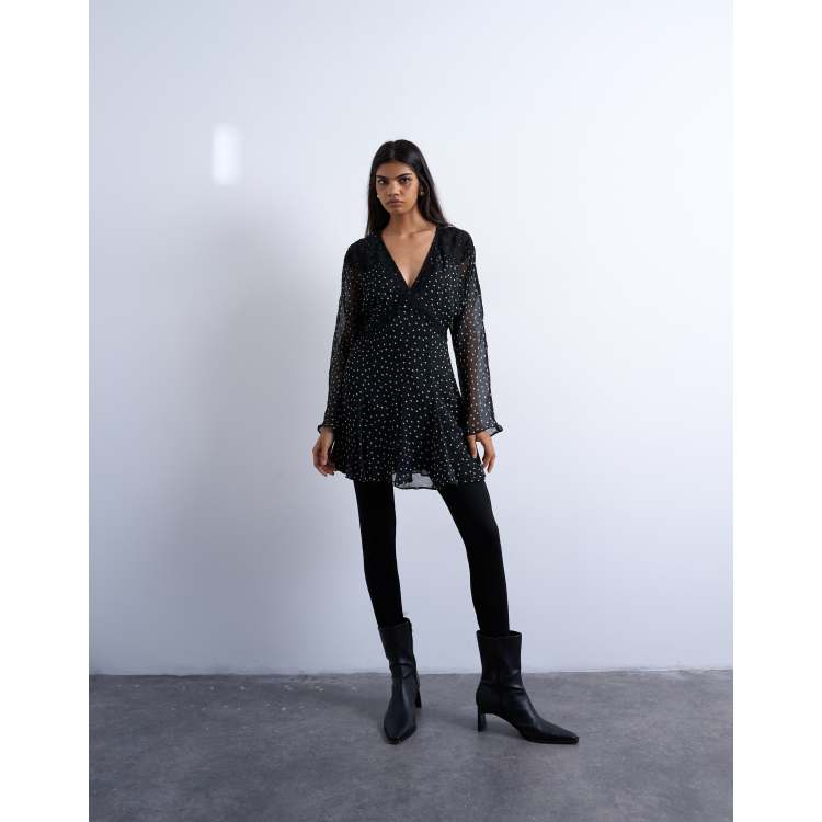 ワンピース Her lip to Lace-Trimmed Pin Dot Dress Topshop long sleeve lace trim mini day dress in black and white
