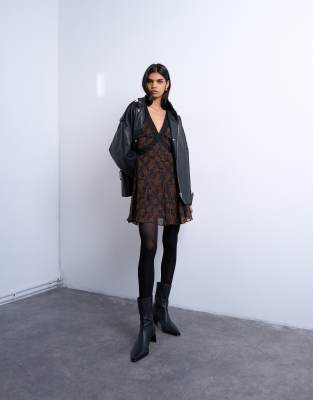 Topshop Long Sleeve Lace Trim Mini Day Dress In Black