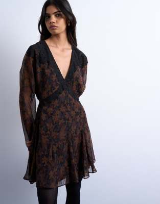 Topshop Long Sleeve Lace Trim Mini Day Dress In Black