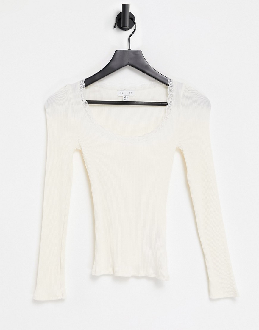 Topshop long sleeve lace trim top in neutral