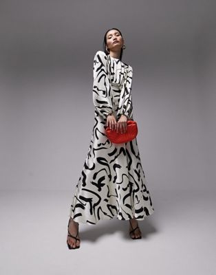 Topshop long sleeve maxi dress in mono squiggle print