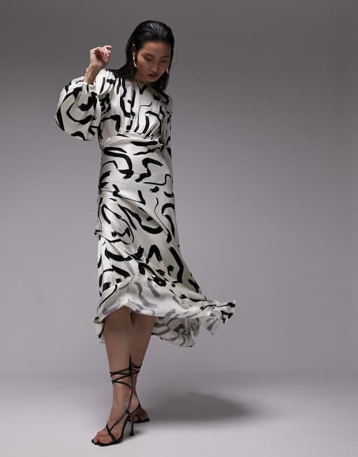 Topshop long sleeve maxi dress in mono squiggle print