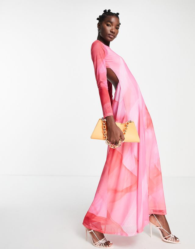 Topshop long sleeve maxi dress in pink and red watercolor mix