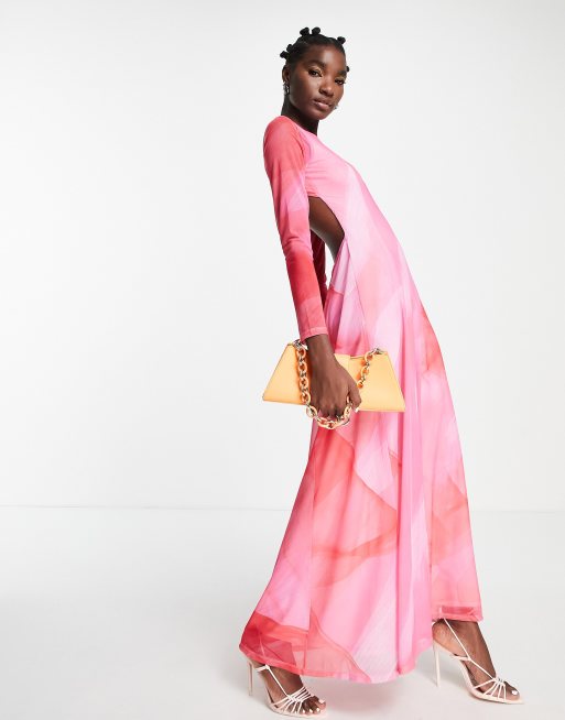 Topshop long sleeve maxi dress in pink and red watercolour mix ASOS