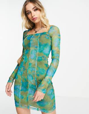 Topshop long sleeve mesh floral print mini dress in blue and green-Multi