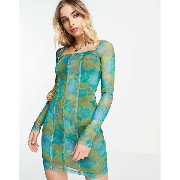 Topshop Petite bell sleeve mini dress in geo daisy print