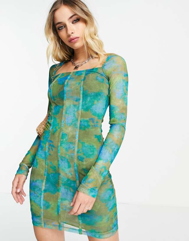 Topshop long sleeve mesh floral print mini dress in blue and green