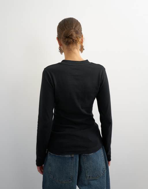 Topshop long sleeve micro v top in black, 4 of 4