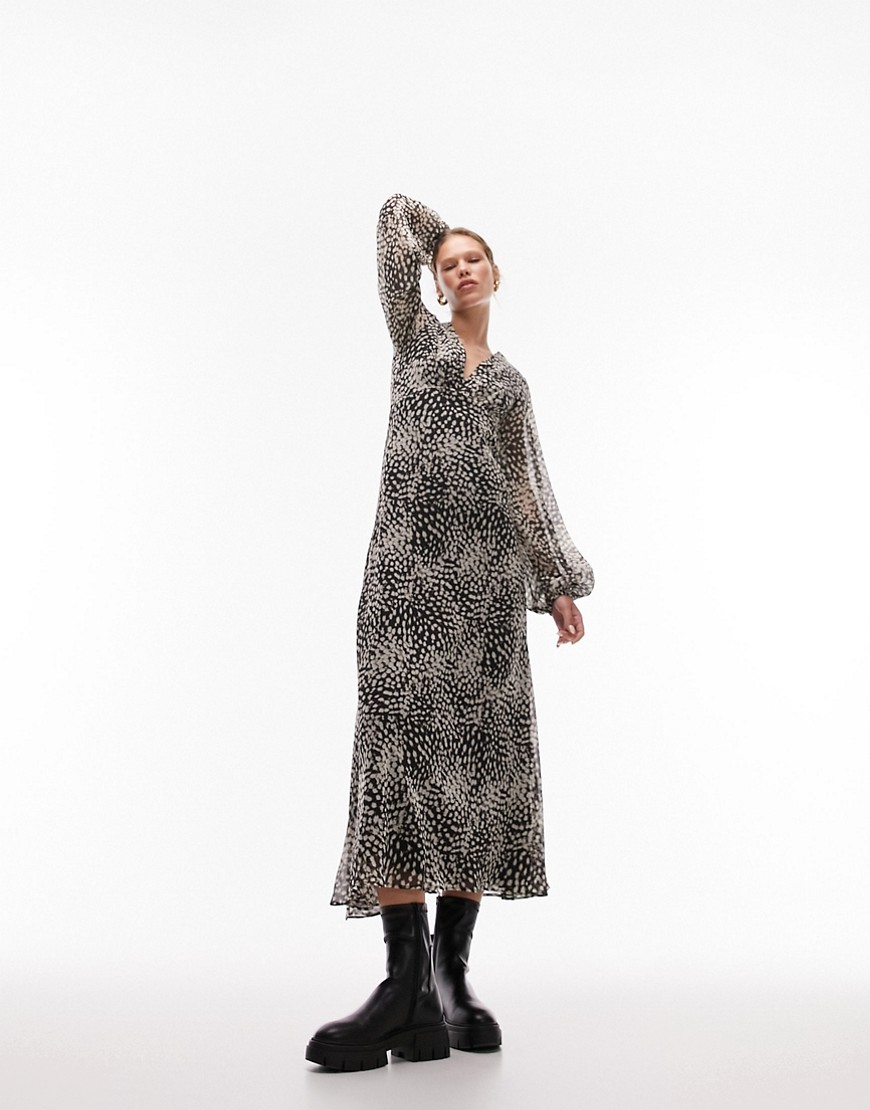 Topshop Long Sleeve Midi Tea Dress In Mono Animal Print-multi