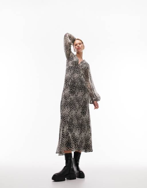 Topshop long sleeve midi tea dress in mono animal print