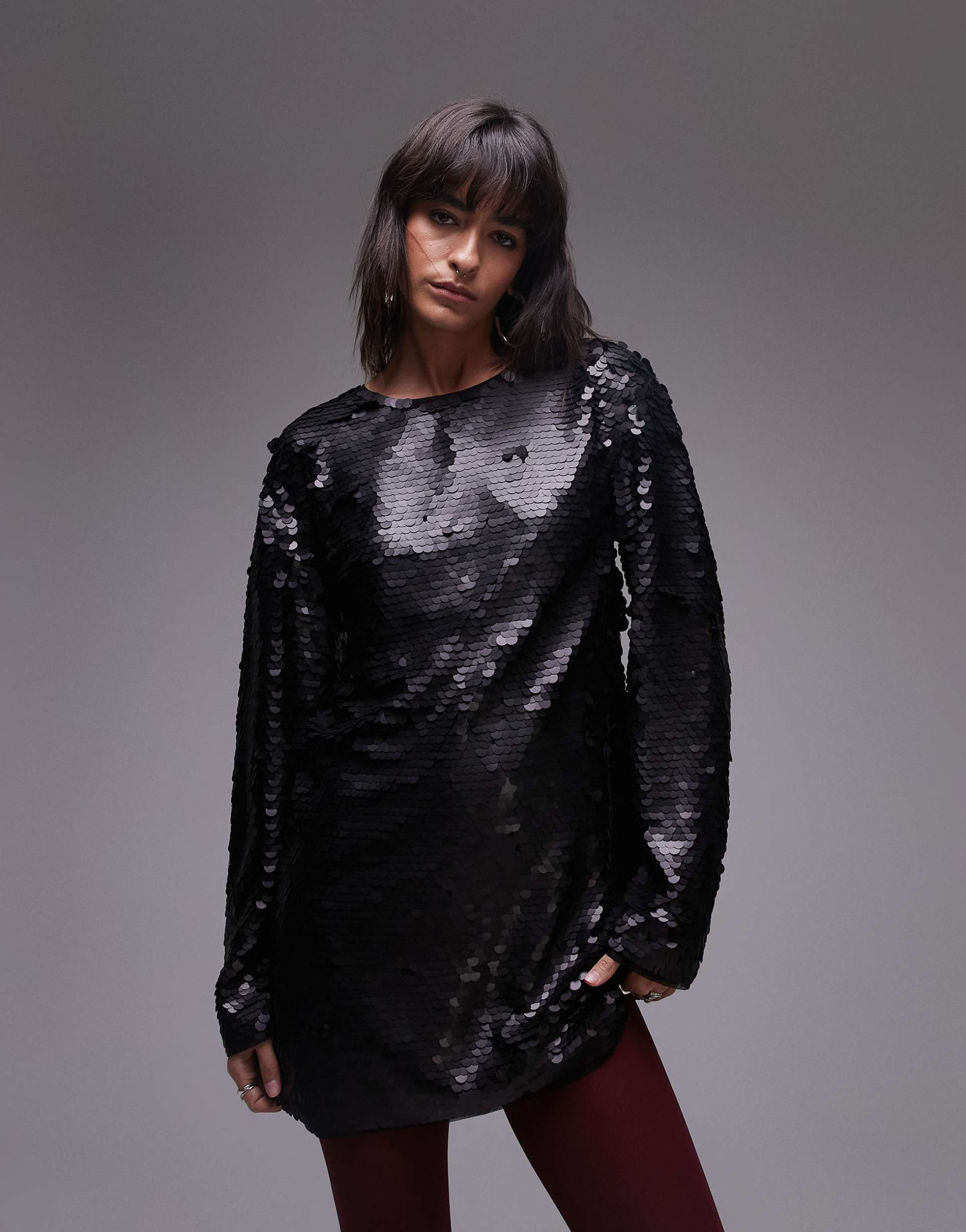 topshop long sleeve mini sequin dress in black