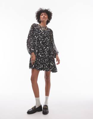 topshop long sleeve mini tea dress in mono print