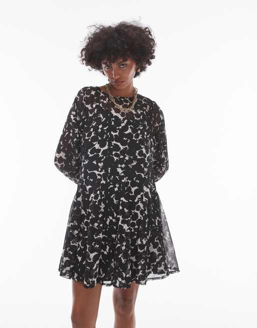 Topshop Long Sleeve Mini Tea Dress in Mono print Multi