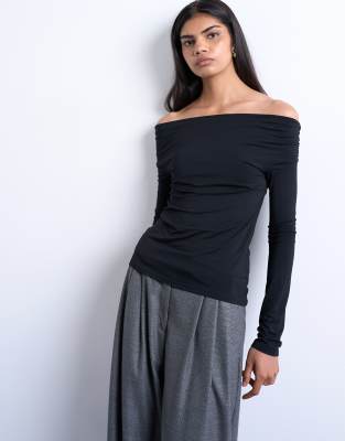 Topshop Long Sleeve Off The Shoulder Top In Black