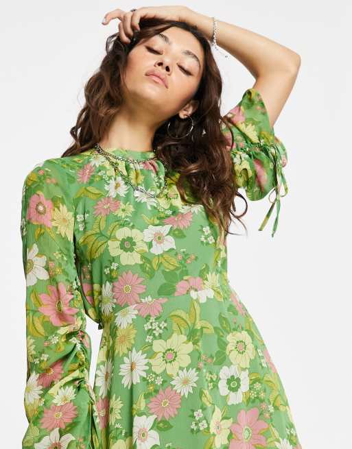 Topshop long sleeve open back midi dress in 70s retro floral ASOS