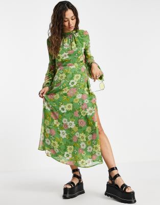 Long Sleeve Open Back Midi Dress In 70s Retro Floralmulti