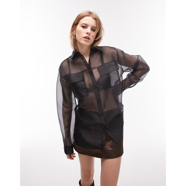 LANGUGU Women's Sexy Long Sleeve Mesh Shirt Sheer See Through