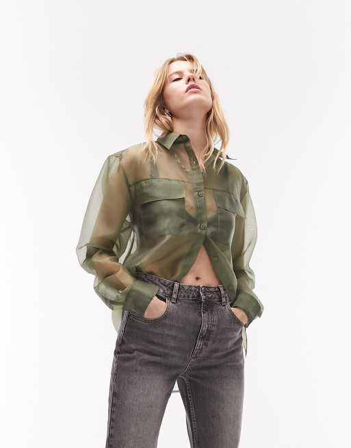 Topshop long sleeve organza sheer shirt with pockets in khaki