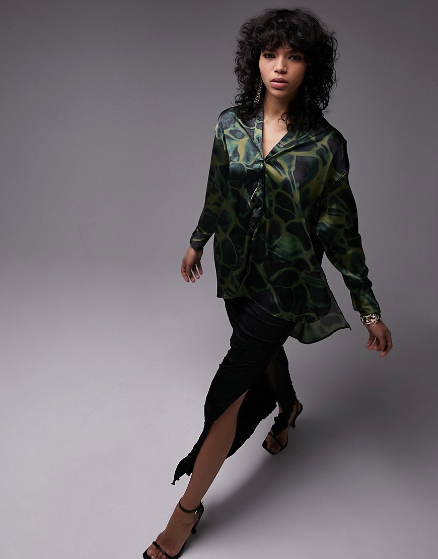 Topshop long sleeve oversized satin abstract animal print shirt in green