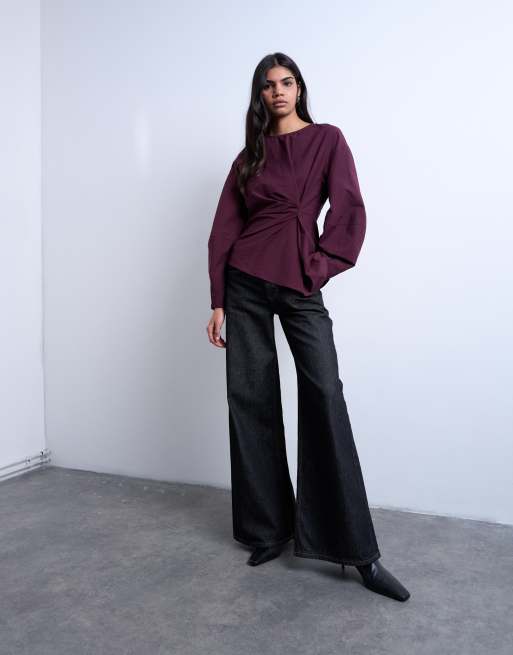 Topshop long sleeve pleat front top in burgundy, 2 of 4