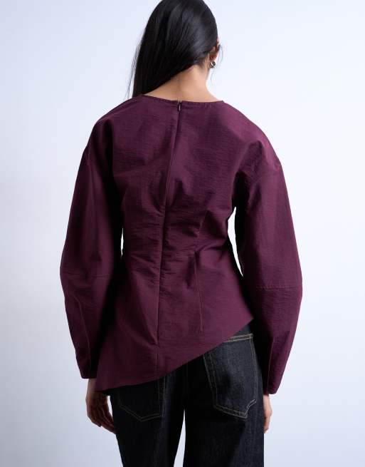 Topshop long sleeve pleat front top in burgundy, 3 of 4