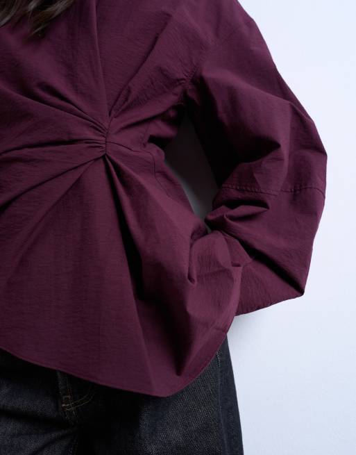 Topshop long sleeve pleat front top in burgundy, 4 of 4