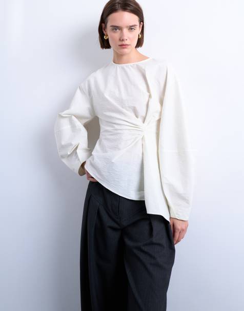 Topshop long sleeve pleat front top in ivory - view 1