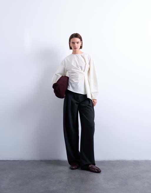 Topshop long sleeve pleat front top in ivory, 2 of 4