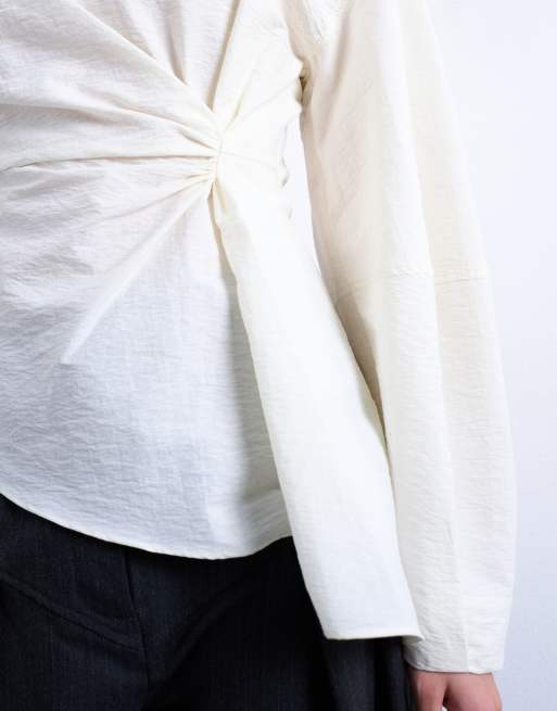 Topshop long sleeve pleat front top in ivory, 3 of 4