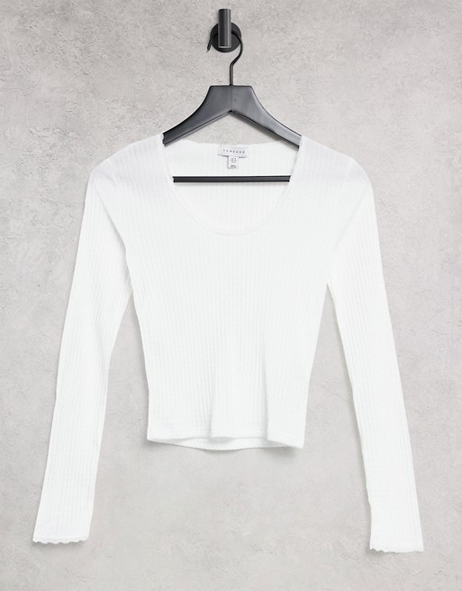 Topshop long sleeve pointelle top with lace in white