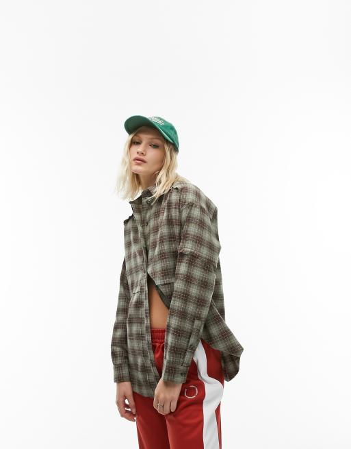 Topshop long sleeve raw seems plaid shirt in green