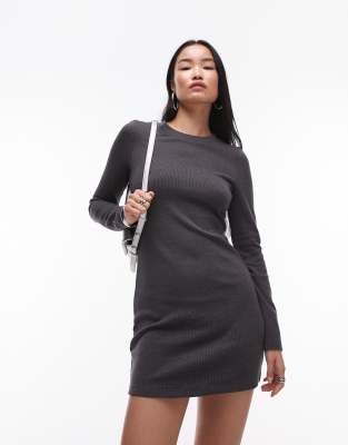 topshop long sleeve rib mini dress in gray