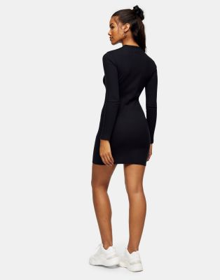 Topshop long sleeve ribbed mini dress in black | ASOS