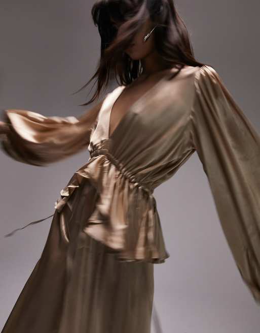 Topshop long sleeve riveria occasion dress in gold, 3 of 4
