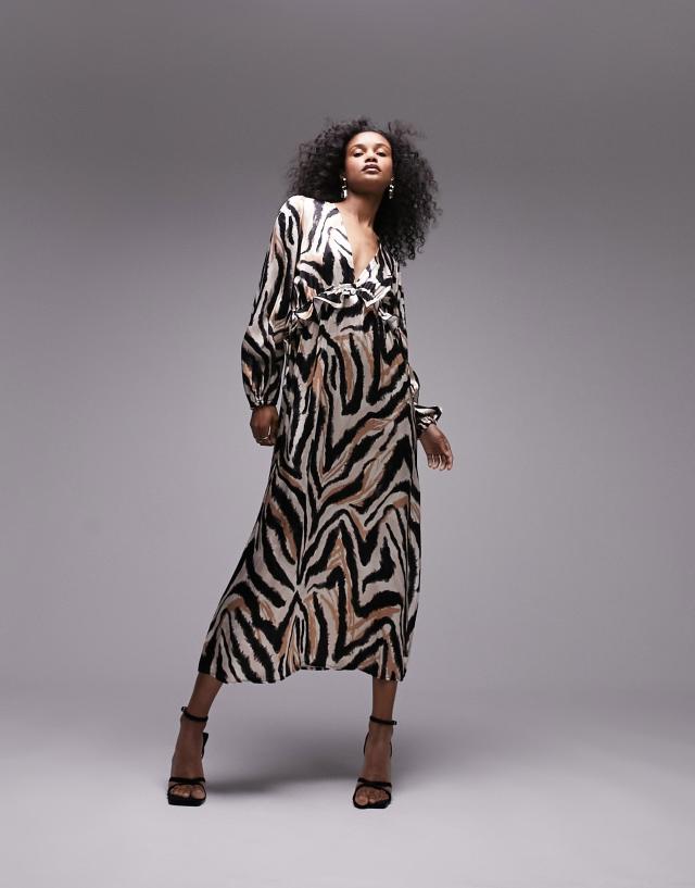 Topshop - long sleeve riviera midi dress in animal print