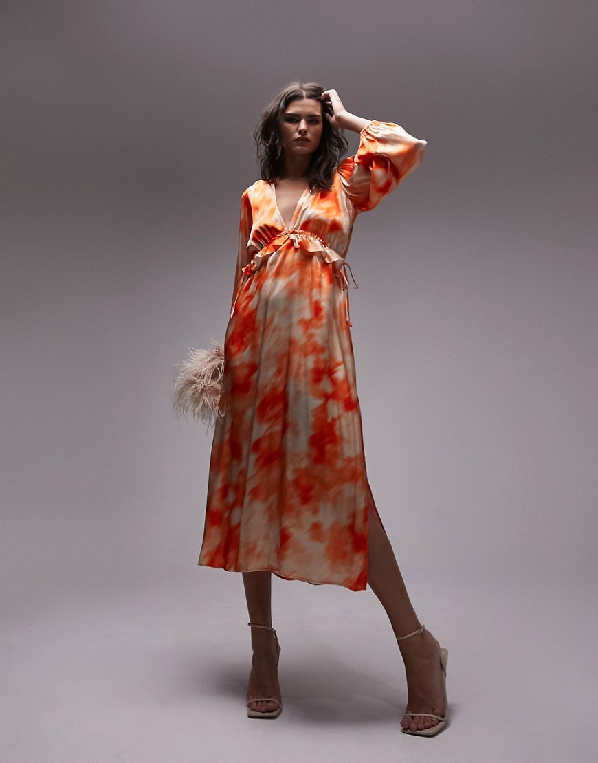 Shop Topshop Long Sleeve Riviera Midi Dress In Orange Tie Dye Print