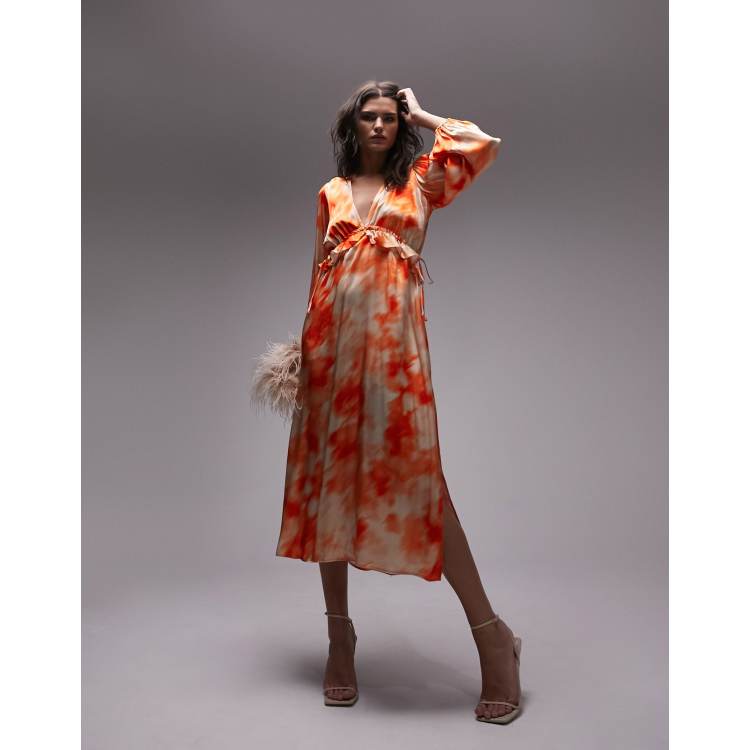 Topshop long sleeve riviera midi dress in orange tie dye print ASOS