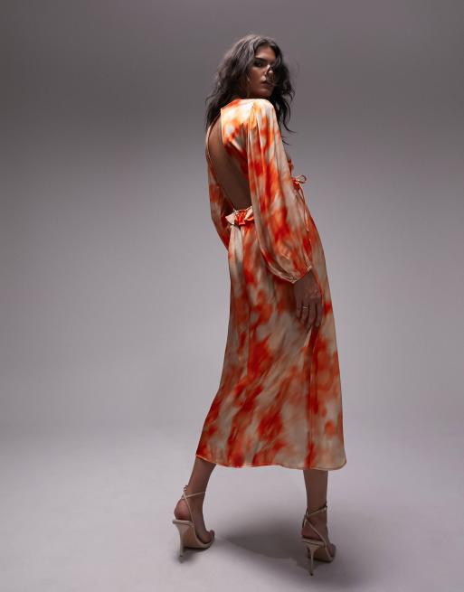 Topshop long sleeve riviera midi dress in orange tie dye print