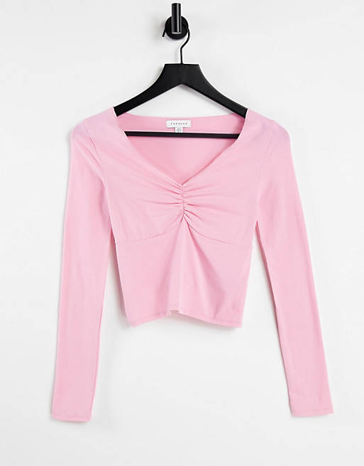 Topshop long sleeve ruch front top in coral