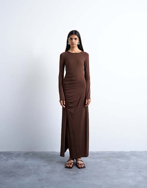 choclate brown dress Chocolate Flouncy Maxi Eira XXS Honey Chocolate Maxi Dress Body Topshop long sleeve ruched maxi