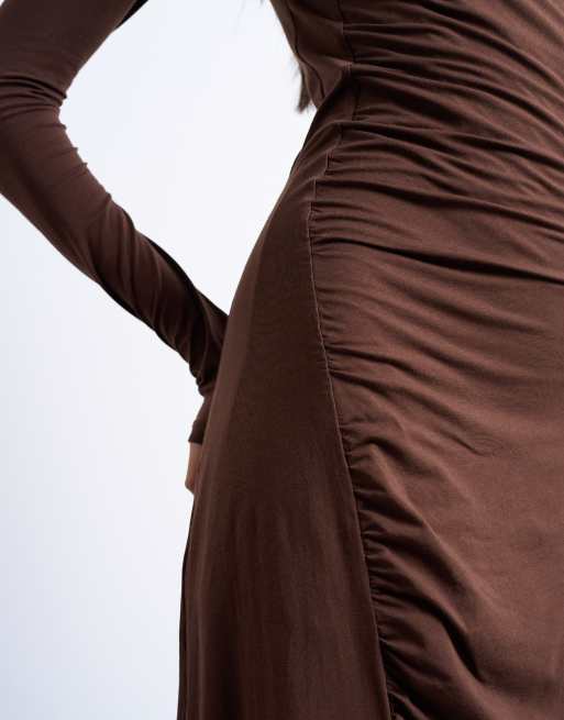 Topshop long sleeve ruched maxi dress in chocolate brown