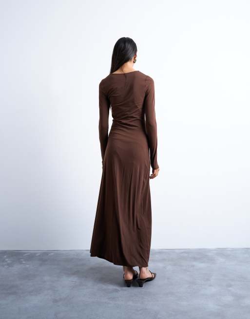 Topshop long sleeve ruched maxi dress in chocolate brown