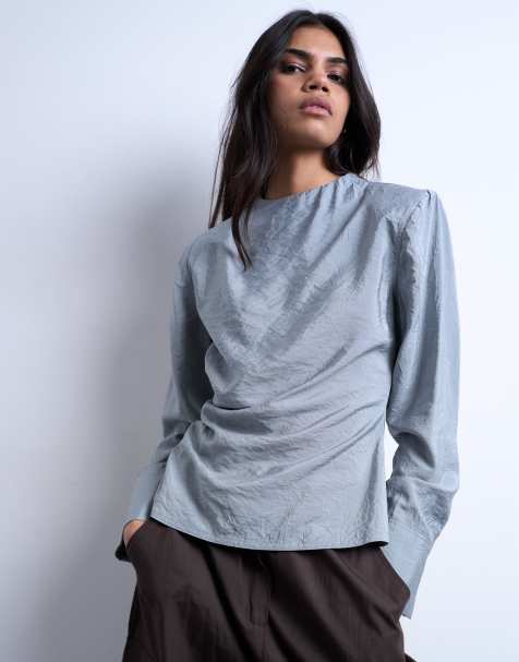 Topshop long sleeve ruched side top in grey - view 1