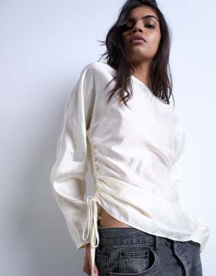 Topshop Long Sleeve Ruched Side Top In White