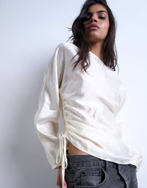 Topshop long sleeve ruched side top in white