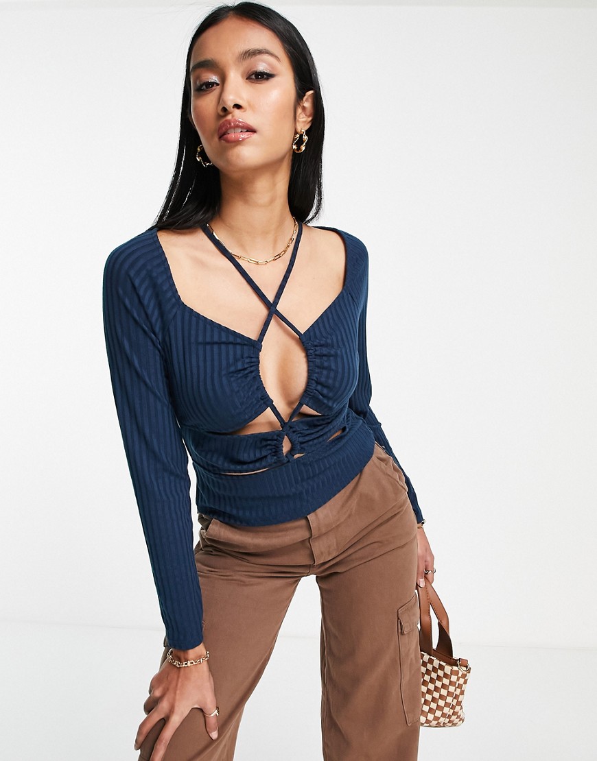 topshop long sleeve ruched strappy top in blue